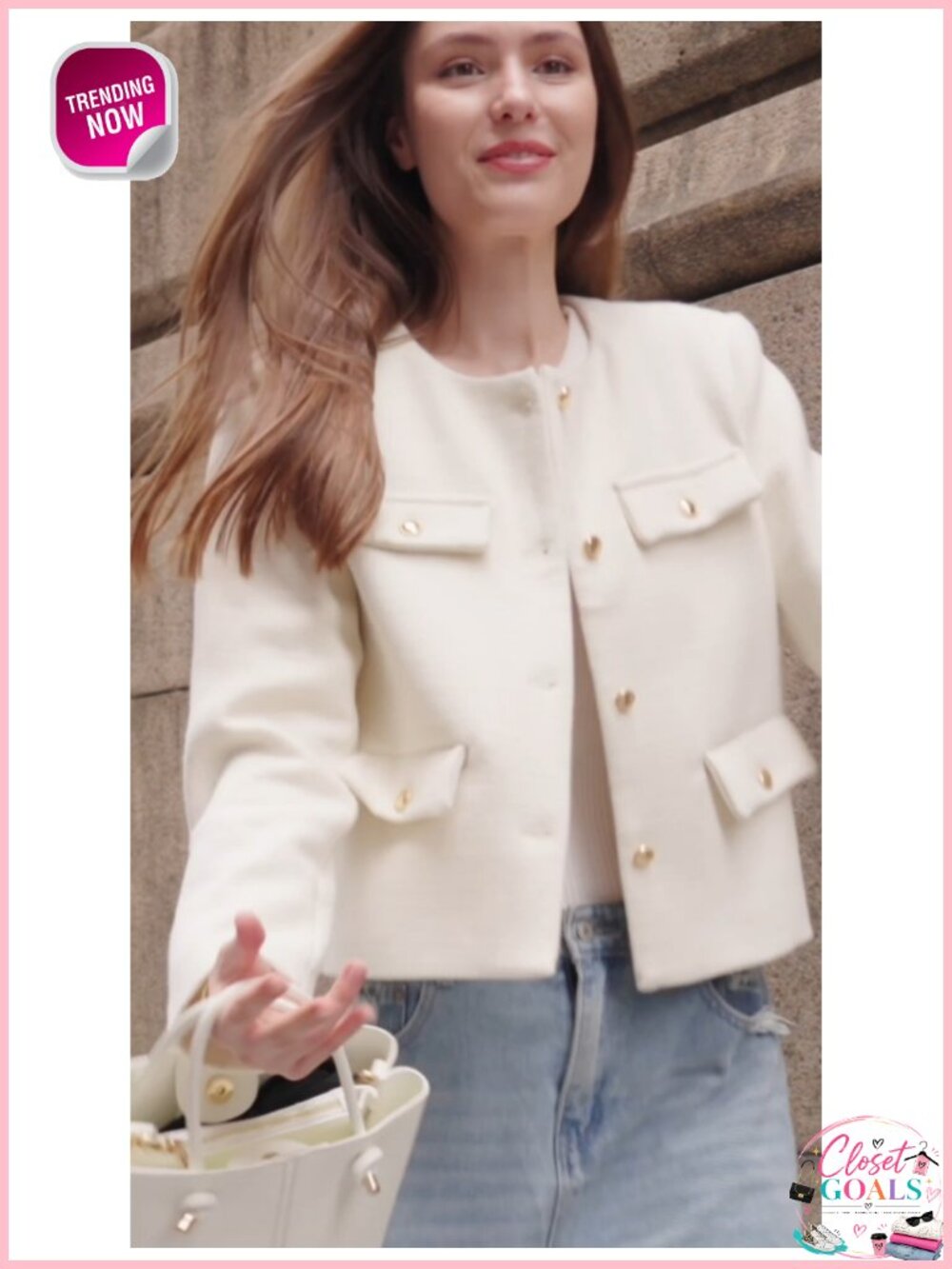 Women's Cropped Tweed Blazer Collarless Button Down Jacket - Picture 6 of 6